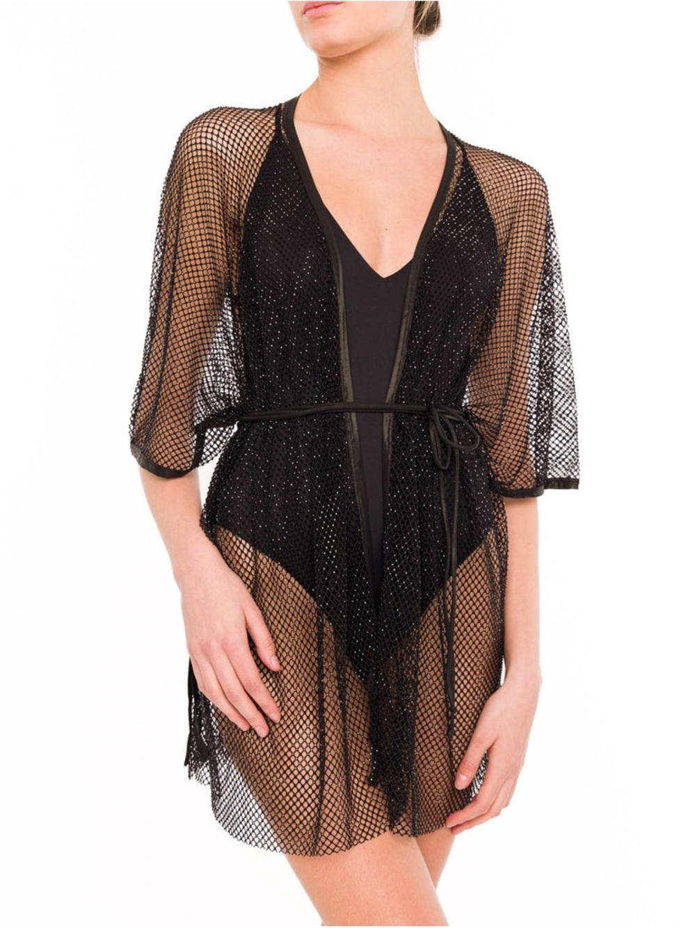 Sheer Black Mesh Tie-Waist Swim Coverup